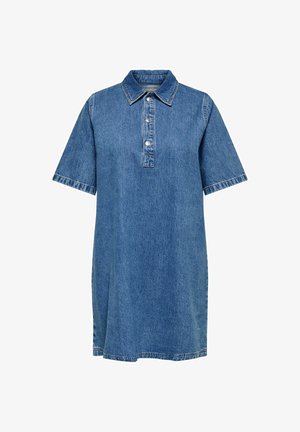 Rochie polo din denim de culoare albastru închis, cu mâneci scurte, închidere frontală cu trei nasturi și guler clasic. Materialul are un finisaj texturat.