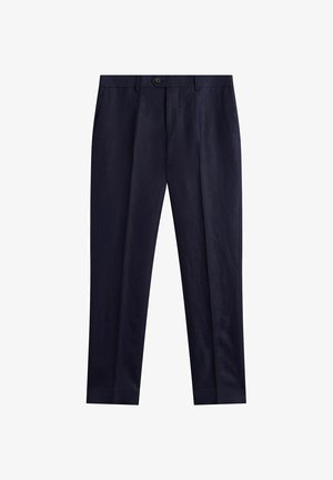 Herrebuks i formel navyblå med bæltestropper, knap- og lynlåslukning samt lige ben, vist på hvid baggrund.