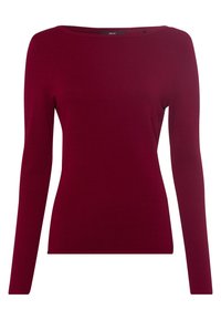 Haut bordeaux à manches longues avec un col rond, en tissu texturé et à la silhouette ajustée. Design simple, sans matériel visible ni motifs.