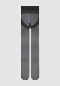 Collant neri opachi con un effetto ombre grigio sfumato, caratterizzati da un corpo trasparente e una vita nera solida per una vestibilità sicura.