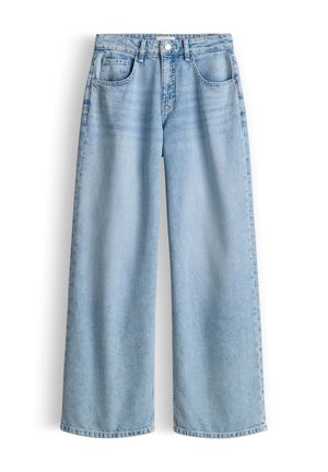 Hellblaue Jeans mit weitem Bein, vorn mit Knopf und Reißverschluss, Fünf-Taschen-Design und Gürtelschlaufen.