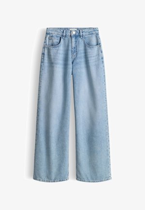 Hellblaue Jeans mit weitem Bein, vorn mit Knopf und Reißverschluss, Fünf-Taschen-Design und Gürtelschlaufen.