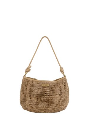Sac à bandoulière tressé couleur camel avec une sangle nouée et une étiquette "Venezia" à l'avant, présentant une forme arrondie et décontractée avec fermeture éclair sur le dessus.