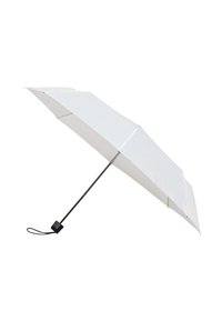 Un ombrello bianco con un design elegante, asta in metallo nero e manico curvo. Presenta una copertura in tessuto liscio e una tracolla per il trasporto.