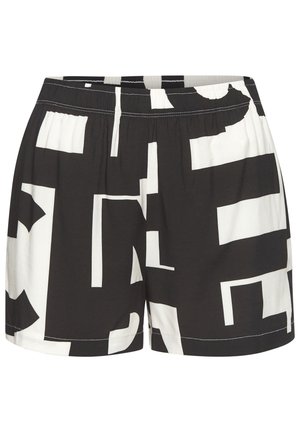 Black and white patterned shorts with an elastic waistband, featuring bold geometric shapes and clean lines, made from a lightweight fabric.