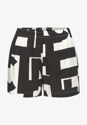 Black and white patterned shorts with an elastic waistband, featuring bold geometric shapes and clean lines, made from a lightweight fabric.