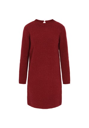 Robe tricotée rouge à manches longues, col rond et petite ouverture au dos. Tissu texturé avec une légère variation de couleur.
