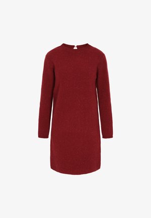 Robe tricotée rouge à manches longues, col rond et petite ouverture au dos. Tissu texturé avec une légère variation de couleur.