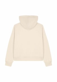Sweat-shirt à capuche beige avec une coupe décontractée, des coutures tombantes aux épaules et des poignets côtelés. Texture douce et design minimaliste.