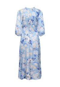 Robe midi bleu clair avec imprimé floral blanc et bleu, manches longues bouffantes, taille froncée et détails plissés dans le haut du dos.