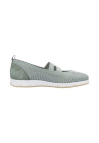 Lys grønne slip-on sko med en tekstureret strikoverdel, suede hælpanel og hvid gummisål. Har elastiske stropper over indersiden.