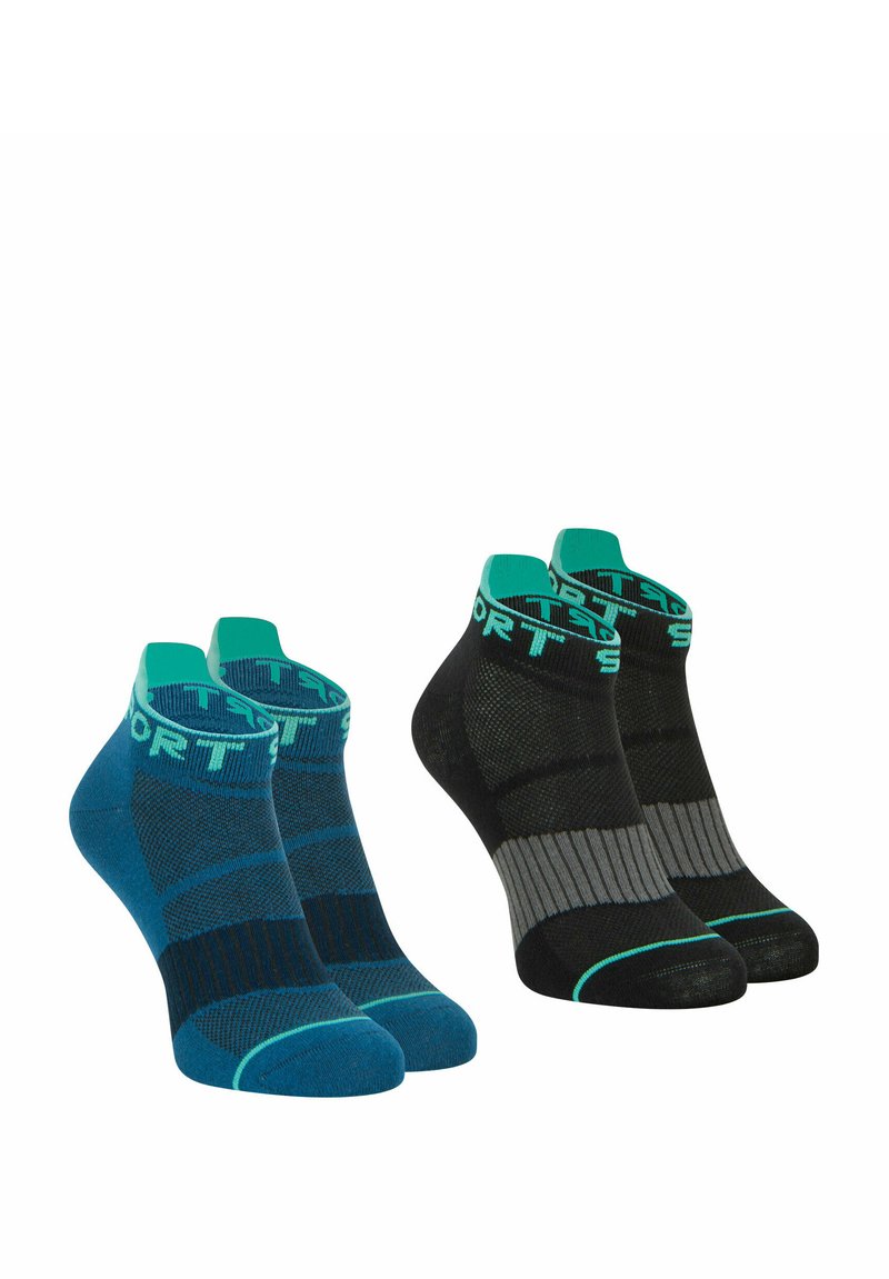 Deux paires de chaussettes de sport élégantes, l'une en bleu avec des accents teal, l'autre en noir avec des rayures grises, présentées sur un fond blanc.