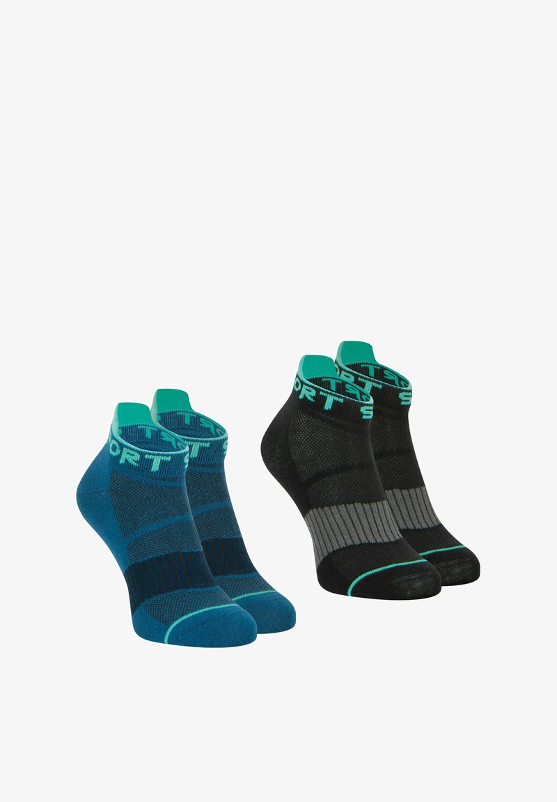 Deux paires de chaussettes de sport élégantes, l'une en bleu avec des accents teal, l'autre en noir avec des rayures grises, présentées sur un fond blanc.