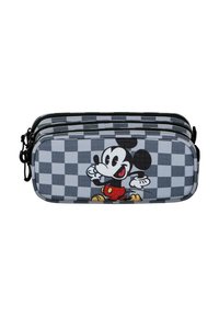 Estuche de lápices con cremallera que presenta un patrón cuadros gris y un gráfico colorido de Mickey Mouse; hecho de un tejido resistente. Tres compartimentos.