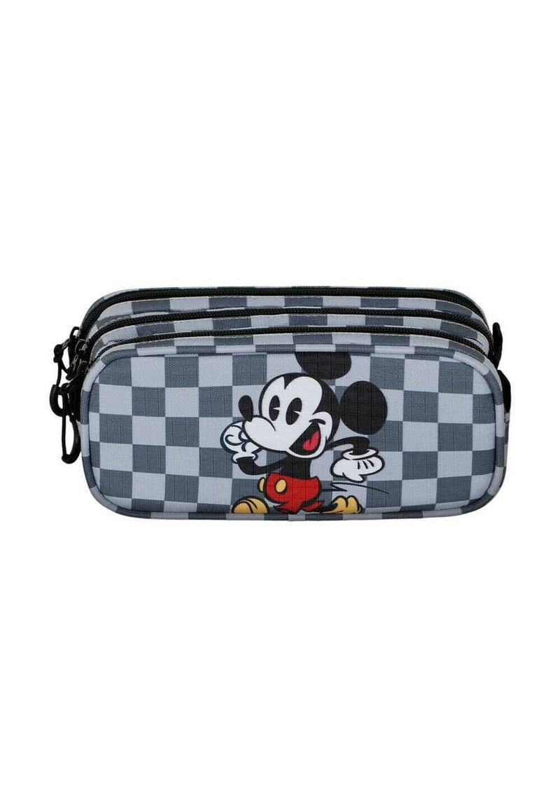 Estuche de lápices con cremallera que presenta un patrón cuadros gris y un gráfico colorido de Mickey Mouse; hecho de un tejido resistente. Tres compartimentos.