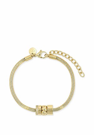 Goldfarbenes, verstellbares Armband mit Schlangenkette, drei dekorativen Perlen, darunter eine mit Strasssteinen, und einem Karabinerverschluss.