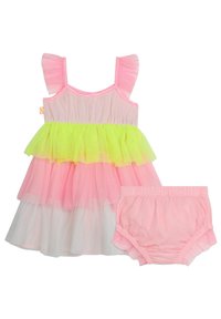 Abito in tulle rosa e giallo con volant a strati, caratterizzato da maniche a campana e una vita elastica. Include dei pantaloni coordinati rosa.