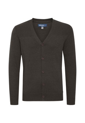 Mørkebrun cardigan med V-hals, ribbestrikket detalj på skuldrene og knappelukking. Laget av mykt stoff med lange ermer og en enkel design.