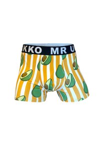 Miesten boksereissa on keltaisia ja valkoisia pystysuoria raitoja sekä kokonaisia ja puolikkaita avokadoja kuvaava kuvio. Vyötäröllä on musta nauha, jossa valkoista tekstiä.