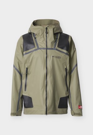 Khaki nepremokavá bunda s kapucňou, čiernymi detailmi na ramenách a vreckách, predným zipsom a logami "Columbia Titanium" a "OutDry".