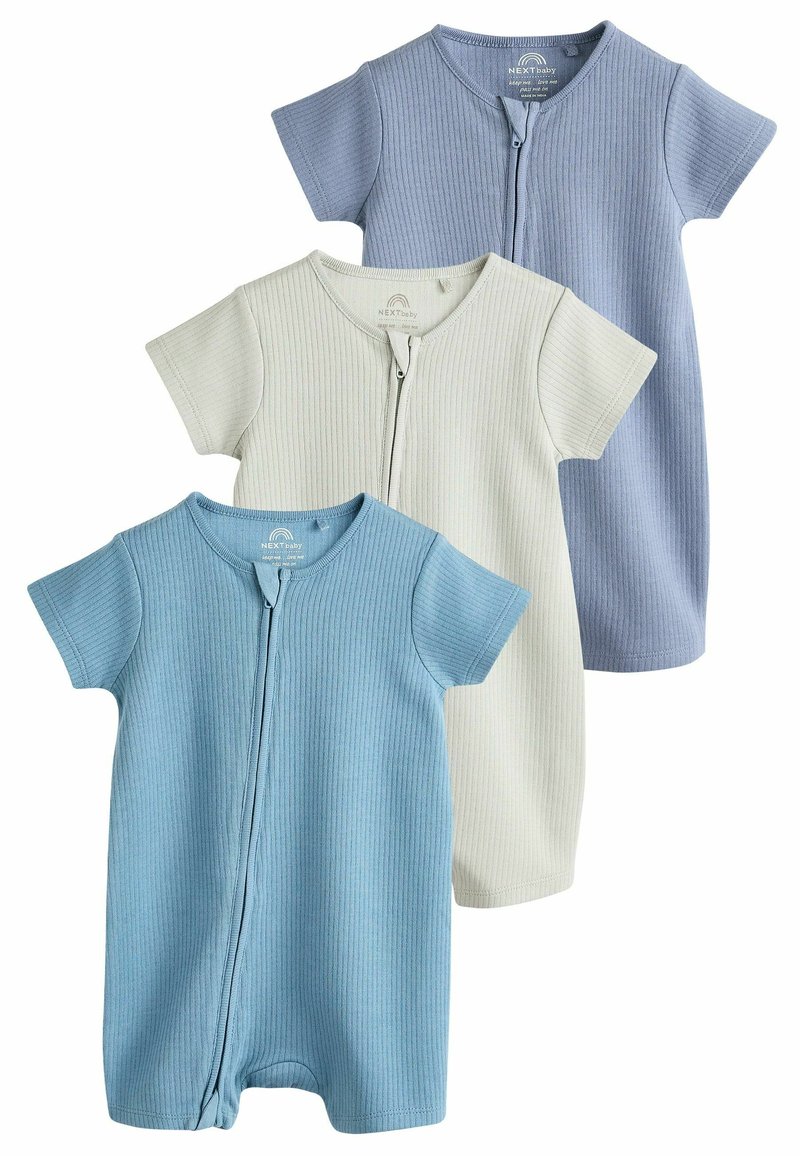 Trois combinaisons pour bébé à manches courtes côtelées en bleu clair, vert pâle et bleu doux. Chacune possède une fermeture éclair sur le devant et un col rond.