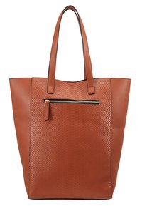 Bruine tote bag met een textuur van slangenleer patroon aan de voorkant, met een ritsvak en gladde leren zijkanten. Lange handvatten.