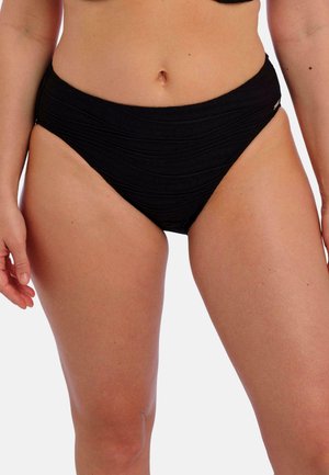 Zwarte hoog-getailleerde bikini onderkant met textuurplooien, soepel materiaal en een strakke pasvorm, die gematigde bedekking biedt en een minimalistisch ontwerp heeft.