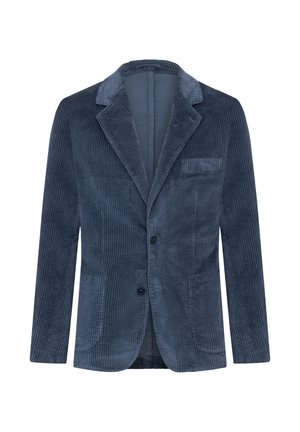 Blazer in corduroy blu navy con rever a punta, due tasche frontali e chiusura a un bottone. Presenta una texture a coste verticali e una fodera liscia.