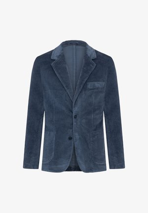 Marineblauer Cordblazer mit einem Revers, zwei vorderen Taschen und einem Einknopfverschluss. Besitzt eine vertikale Rippstruktur und ein glattes Futter.