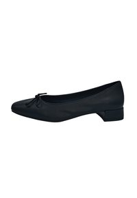 Ballerine noire à bout arrondi, en cuir lisse, avec un petit nœud décoratif à l'avant et un petit talon carré.
