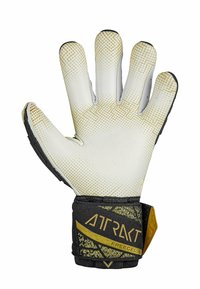 Torwarthandschuh in Weiß mit strukturierter Handfläche, goldenen Akzenten und einem schwarzen Handgelenkriemen mit geometrischem Muster und Markenlogo.