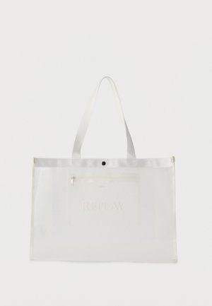 Weiße durchscheinende Tragetasche mit zwei Griffen, Reißverschlusstasche, Druckknopfverschluss und "REPLAY"-Logo in der Mitte vorne.