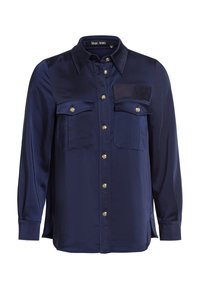 Navy blue satin shirt with a collar, front button closure, and two chest pockets. Features gold-tone buttons and a subtle heart detail on the pocket.