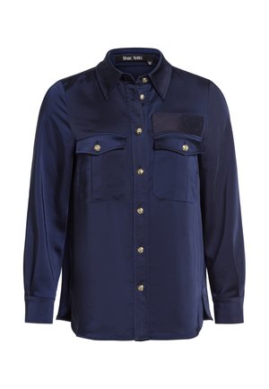 Navyblaues Satinhemd mit Kragen, Frontknopfverschluss und zwei Brusttaschen. Verfügt über goldfarbene Knöpfe und ein dezentes Herzdetail auf der Tasche.