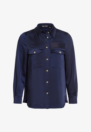 Navy blue satin shirt with a collar, front button closure, and two chest pockets. Features gold-tone buttons and a subtle heart detail on the pocket.