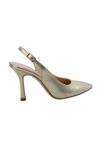 Sandal con tacco alto in oro metallizzato, con punta affusolata, texture liscia e design elegante con cinturino alla caviglia.