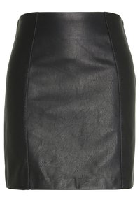 Mini falda de cuero negro con una textura suave y un diseño ajustado. Presenta costuras verticales para un detalle adicional y una cinturilla estrecha.