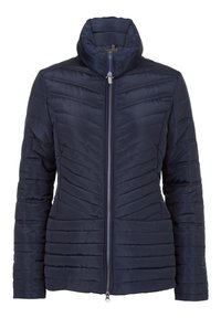 Námořnická puffer bunda s vysokým límcem, zipovým zapínáním a designem v chevron vzoru. Vyrobena z hladkého, lesklého materiálu s elastickými manžetami.