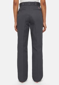 Gray, straight-leg pants with a high waist, rear pockets, and a smooth texture, designed for comfort and durability.