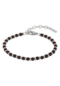 Náhrdelník s alternativními černými a růžově zlatými korálky, stříbrnou karabinkou, nastavitelným řetízkem a kovovým štítkem "BREIL".