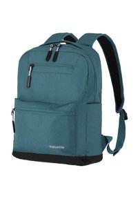 Zaino color turchese realizzato in tessuto resistente, con due scomparti con zip, spallacci regolabili imbottiti e un fondo nero per un tocco di stile.