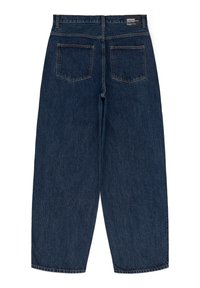Tummansiniset denim-farkut, leveä lahkeinen malli, jossa on kaksi takataskua ja suora helma. Kankaan pinnassa on hieno rakenne ja ompeluyksityiskohtia.
