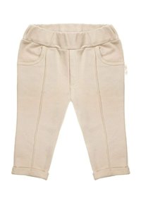 Jasnobeżowe spodnie dla małego dziecka z elastycznym pasem, dwoma bocznymi kieszeniami, podwiniętymi nogawkami i równoległymi przeszyciami. Miękki materiał z mieszanki bawełny.