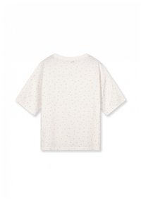 Hvid kortærmet t-shirt med rund halsudskæring, prydet med små beige prikker overalt. Fremstillet af blødt stof med en afslappet pasform.