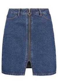 Gonna di jeans di colore blu scuro con zip metallica centrale, design a cinque tasche e taglio dritto, con uno spacco all'orlo anteriore.