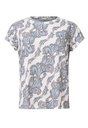 T-shirt blanc avec un motif paisley bleu et rose, col rond, manches courtes et coupe décontractée. Fabriqué en tissu doux et texturé.