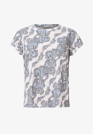Witte T-shirt met een blauw en roze paisleypatroon, ronde halslijn, korte mouwen en een relaxte pasvorm. Gemaakt van zachte, gestructureerde stof.