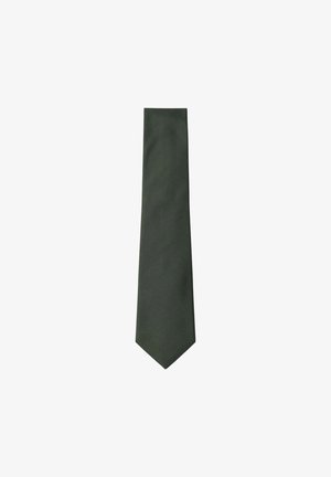 Cravatta verde scuro dalla texture liscia, forma stretta e punta appuntita; progettata senza motivi o accenti per un aspetto minimalista.