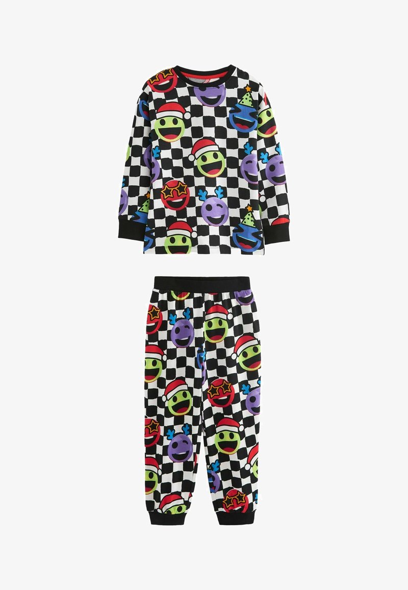 Cotton pajama set featuring long-sleeve top and pants, black and white checkered pattern with colorful smiley faces and holiday accents.