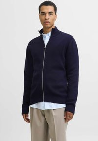 Mėlynas užtrauktukas megztinis, pagamintas iš tekstūruoto audinio, su aukštu apykakle, prigludusiais rankovėmis ir tiesiu hemu, dėvimas ant šviesiai mėlynos palaidinės.